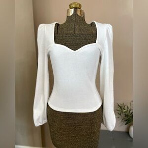 Lucy Paris White Ribbed Knit Sweetheart Puff Sleeve Sweater Top Fitted Size L